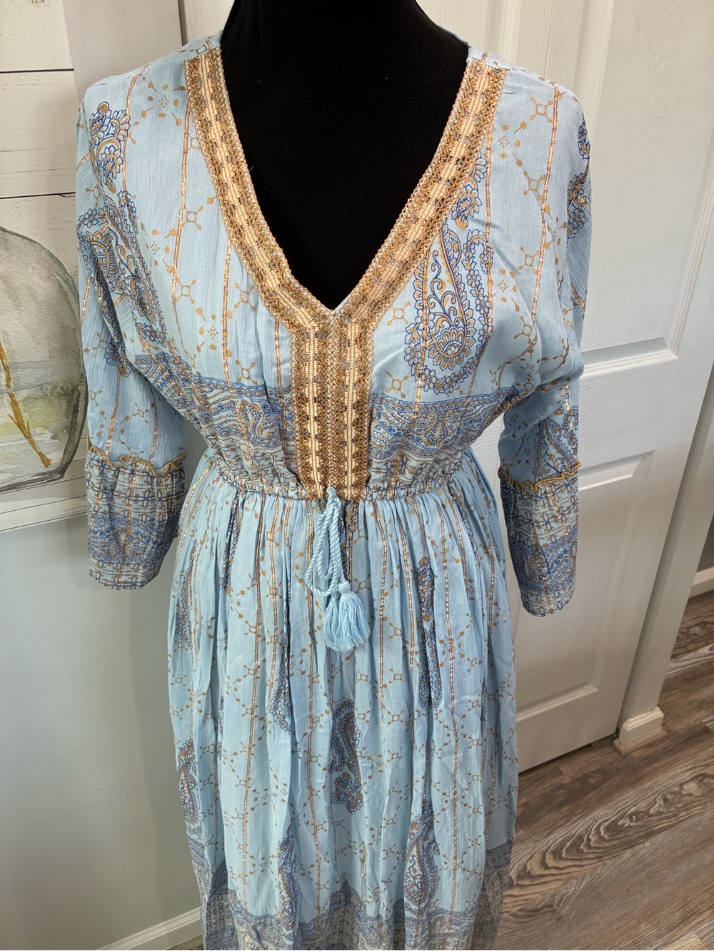 Light Blue Paisley Boho Maxi Dress with Tassel Tie - Picture 2 of 8